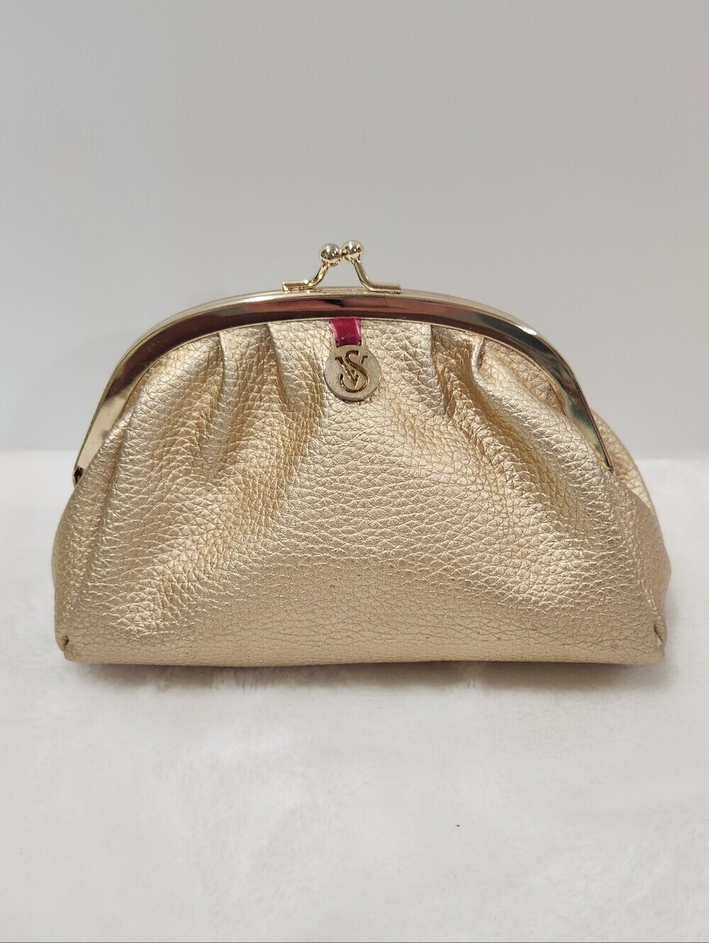 Victoria's Secret VS Gold Kiss Lock Pebbled Faux Leather Cosmetic Bag Pouch